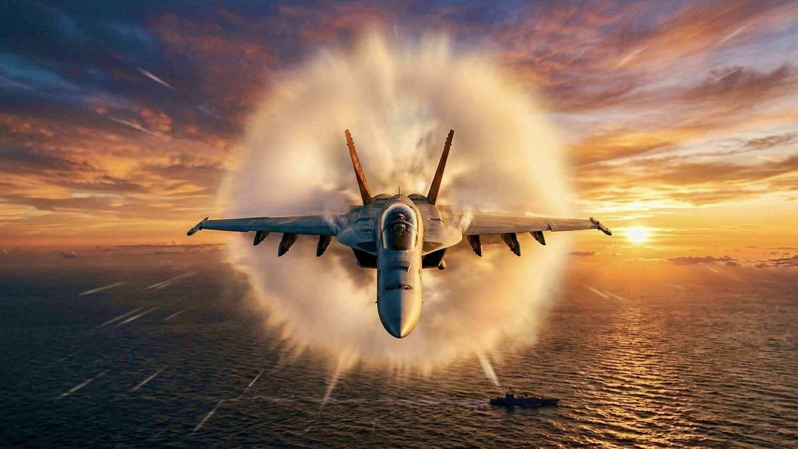 Lovsko letalo prebije zvočni zid nad morjem ob sončnem zahodu — metafora za preboj skozi omejitve pomnilnika